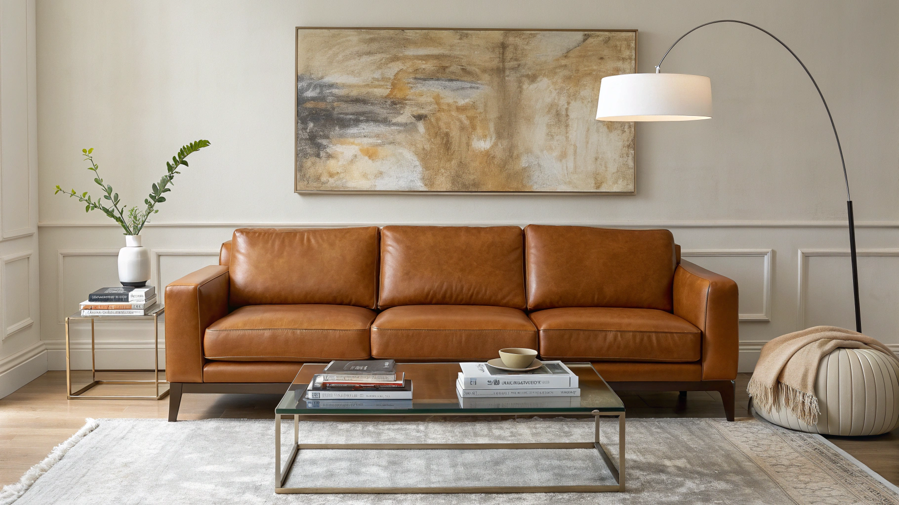 A high-resolution interior photograph of a modern minimalist living room with a warm, curated aesthetic. The focal point is a low-profile caramel brown leather sofa positioned against a neutral wall, above which hangs a large, abstract textured painting in earthy tones. In front of the sofa, a glass coffee table with clean lines holds a selection of fashion and art books, neatly arranged to create a stylish editorial feel. To the left, a rounded white floor lamp with a dome-shaped shade softly illuminates the space, complementing a textured cream lounge chair and a plush neutral area rug that adds coziness.
On the right side of the room, an aesthetic modern fireplace with a sleek stone frame has been integrated into the wall, its subtle flames adding warmth and ambiance. Beside the fireplace, a tall leafy green plant in a minimalist ceramic planter brings a touch of nature and organic contrast to the otherwise refined palette. The overall atmosphere blends contemporary elegance, cozy comfort, and artistic sophistication, ideal for lifestyle, design, or home décor inspiration.