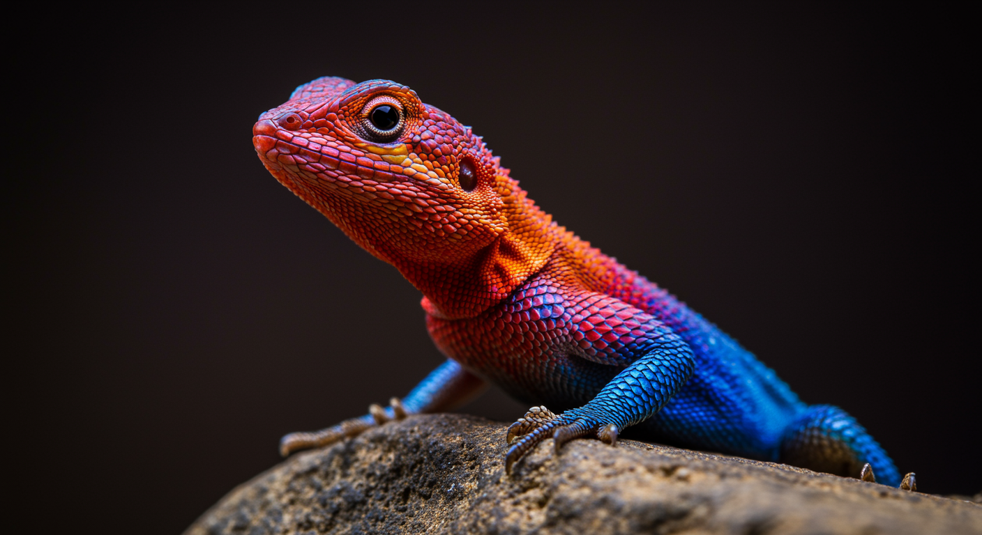 A striking close-up portrait of a vividly colored lizard perched on a textured rock, captured at eye level with shallow depth of field. The reptile features an extraordinary gradient of saturated hues—electric blue scales along the body, fiery orange and red tones on the head and limbs, and subtle purple transitions across the neck and torso. Fine scale textures are sharply detailed, with glossy highlights catching the light. One large, reflective eye is in crisp focus, conveying alertness and curiosity. The background fades into a dark, softly blurred gradient, isolating the subject and enhancing contrast. Lighting is dramatic yet controlled, emphasizing color vibrancy and surface detail. The overall mood is bold, exotic, and visually arresting, ideal for wildlife art, fantasy realism, or high-end digital illustration.