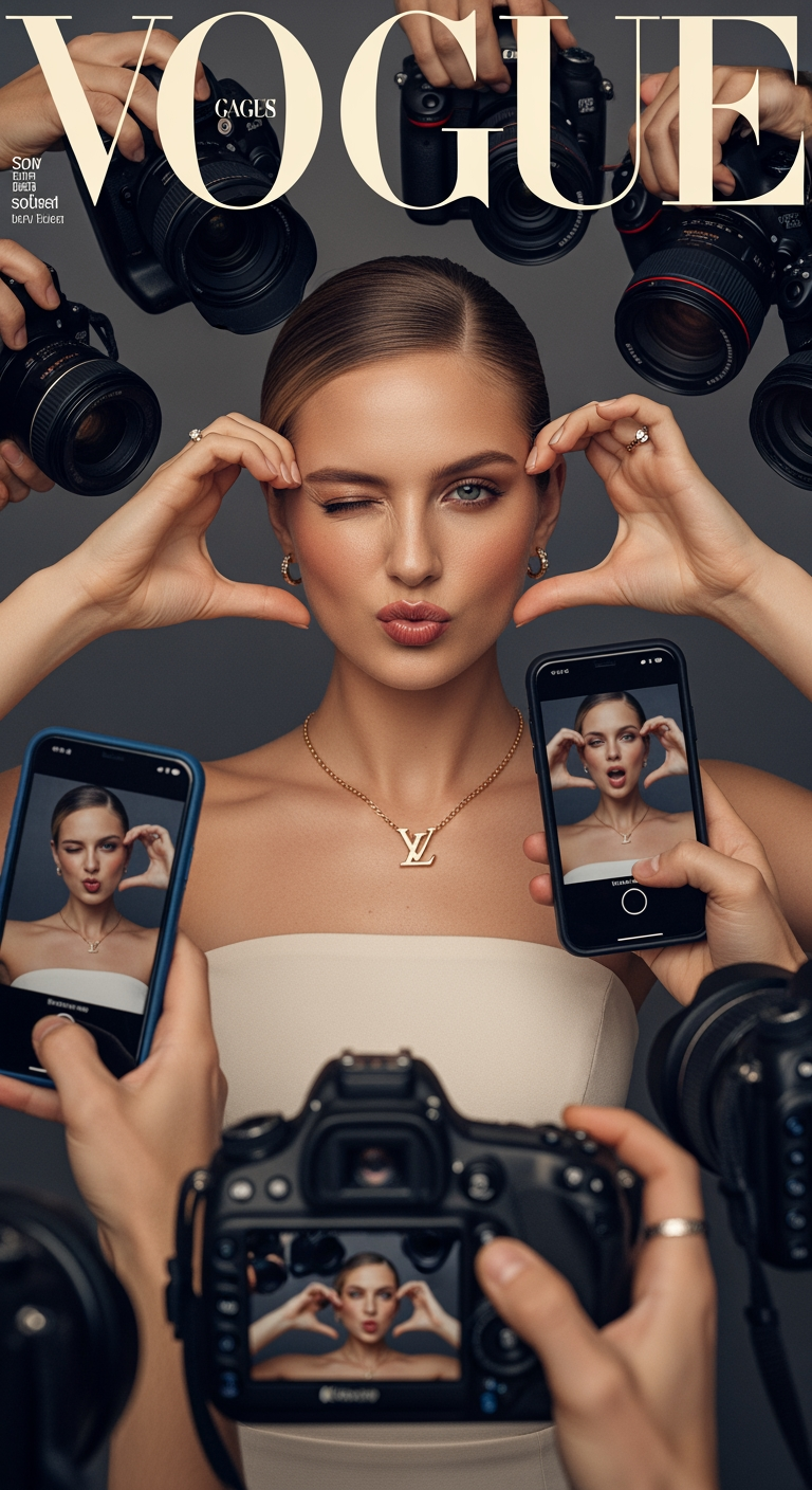 a realistic Vogue magazine cover–style fashion portrait using the uploaded face as the original face reference (100% face identity preservation).
A young elegant woman posing confidently, maintaining her original facial features and natural beauty. She is winking with her left eye and making a playful duck-face expression. Both hands are raised, forming a love/heart gesture near her face.
She is surrounded by multiple DSLR cameras and smartphones held around her, as if paparazzi and photographers are capturing her from all directions. Some phones show her live image on their screens.
Appearance & styling: flawless glowing skin, natural makeup with glossy pink lips, soft blush, subtle highlights. Light brown hair styled in a low, neat updo with a few loose strands.
Outfit & accessories: elegant minimalist beige-white strapless evening dress, Louis Vuitton necklace, diamond ring, luxury fashion jewelry.
Photography style: close-up to half-body fashion portrait, Vogue editorial aesthetic, cinematic professional studio lighting, soft HDR background, shallow depth of field, realistic skin texture, ultra-detailed, 8K quality.
Camera & lens look: professional DSLR look, 85mm lens feel, f/1.8 aperture, crisp focus with smooth background bokeh.
Composition: Vogue magazine layout with large bold logo at the top, editorial fashion cover framing, clean and elegant design.
Mood & vibe: playful yet luxurious, high-fashion beauty editorial, realistic, not AI-looking, photographed by a professional fashion photographer.