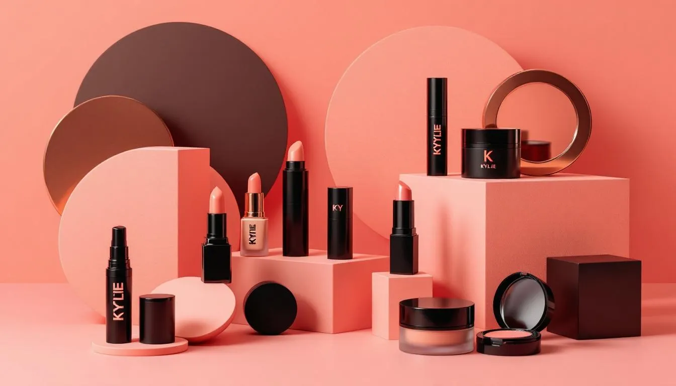 a visually striking arrangement of luxury makeup products with brand name Kylie Cosmetics displayed against a warm, monochromatic background in shades of peach, coral, and rose gold. The setup includes lipsticks, foundation or serum bottles, a compact blush, and cream containers — all housed in sleek black and metallic coral packaging.
The products are artfully placed among geometric blocks and curved shapes in matching tones, creating a modern, sculptural composition. Soft, diffused lighting enhances the smooth textures and rich colors, producing a polished, high-end aesthetic. The overall mood is elegant and contemporary, evoking themes of beauty, sophistication, and design harmony