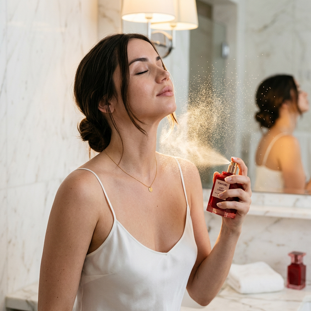 Ana de Armas, 37, in a minimalist white marble bathroom spraying Tom Ford Lost Cherry eau de parfum. The cherry-red faceted glass bottle is held in her right hand at chest height — the gold "TOM FORD" lettering on the front label clearly legible, her index finger pressing the gold-tone atomizer. The moment is frozen mid-spray: a fine cone-shaped mist cloud suspended between the nozzle and her neck, each micro-droplet individually visible and backlit, creating a golden halo of suspended particles. Her eyes are closed, chin lifted 15 degrees, full lips slightly parted with a micro-expression of quiet pleasure. Her dark brown hair is in a loose low bun with two signature face-framing pieces falling along her jaw. She wears a white silk camisole with thin spaghetti straps draping naturally from her collarbones. Her neck and décolletage: visible collarbone definition with natural shadowing in the hollow, subtle neck tendons under the skin as her head tilts, a thin 14k gold chain necklace with a small disc pendant resting in the suprasternal notch. Her hand gripping the bottle: detailed nail beds with a natural clear coat, cuticles slightly dry, the fingertip pressing the atomizer showing pressure-whitening where the pad compresses. A single warm vanity light above the mirror from directly overhead — the mist cloud catches this light and scatters it into golden sparkle. White Calacatta marble countertop beneath shows the bottle's red reflection as a soft colored shadow. Background: a frameless mirror reflecting the back of her head slightly out of focus, a white hand towel folded on the counter edge. Shot on Hasselblad X2D 100C with 90mm f/2.5 XCD lens, extremely shallow depth of field — her face and the mist cloud tack-sharp, everything else dissolving into creamy white. Luxury editorial color grade with neutral whites, the red bottle as the sole saturated accent. 4:5 aspect ratio.