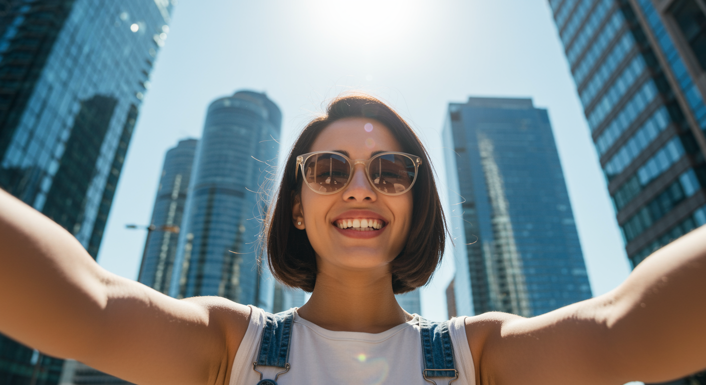 A cheerful young woman taking a selfie in a modern city with tall glass skyscrapers under a bright blue sky. She is smiling widely, wearing beige sunglasses and a casual white top with blue straps. Her short dark hair frames her face naturally. The sun shines brightly in the sky, creating strong lens flare and vibrant light. The background showcases towering reflective skyscrapers, giving a dynamic and urban atmosphere. The overall style is bright, joyful, and modern lifestyle photography.