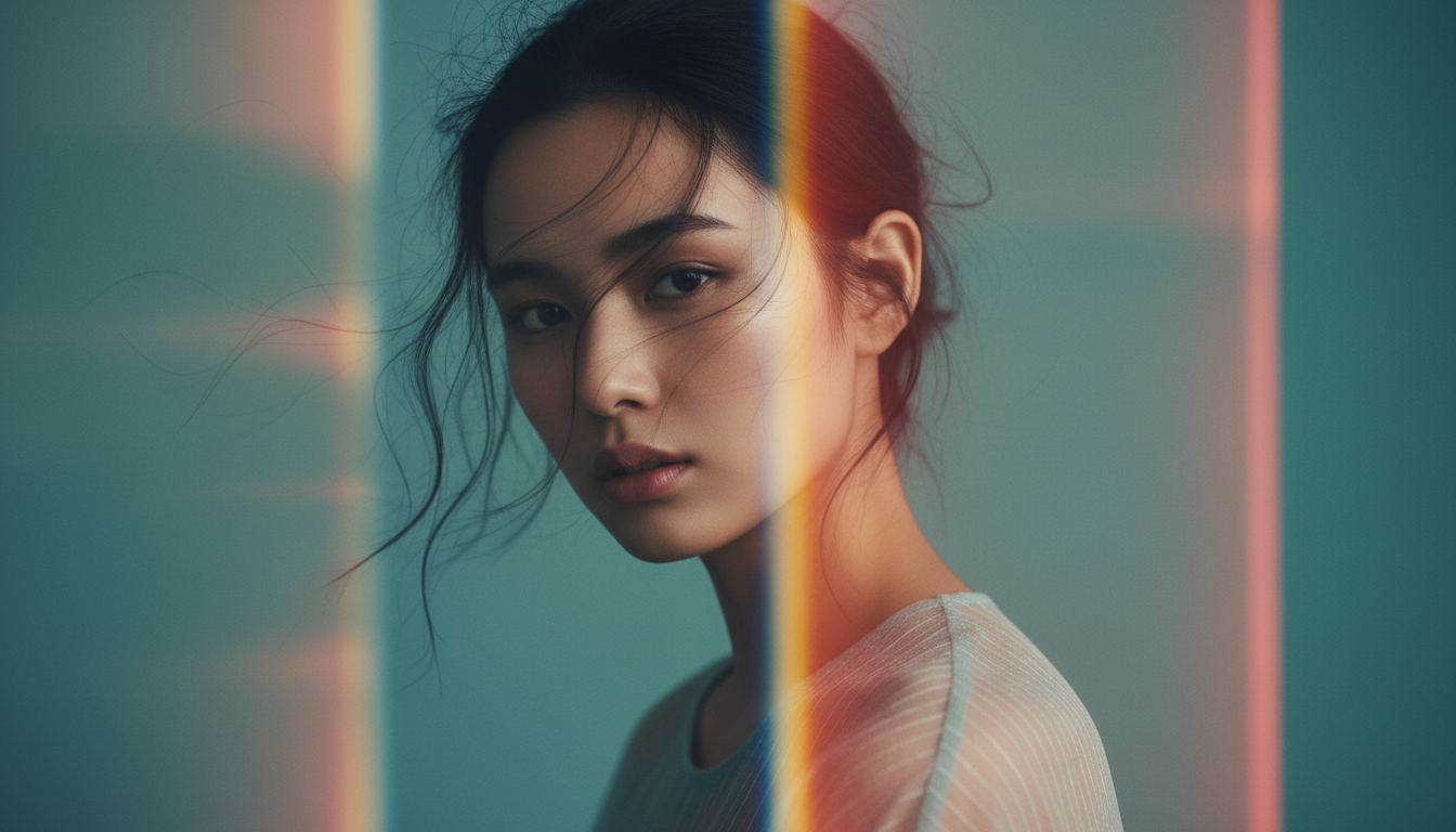 An artistic fashion portrait of a young woman captured from a slightly low, three-quarter angle against a soft teal background. She gazes downward toward the camera with a calm, introspective expression, lips gently parted. Her dark hair is loosely styled with wispy strands and natural movement, adding an effortless, modern feel. Translucent bands of refracted light in warm tones—reds, oranges, and yellows—pass across the frame, partially overlaying her face and upper body, creating a dreamy, prismatic effect. The lighting is soft and diffused, with subtle highlights on her cheekbones and nose, emphasizing smooth skin texture. She wears a lightweight, semi-sheer textured garment that blends into the ethereal color palette. The composition feels fluid and atmospheric, balancing sharp facial detail with abstract color distortion. Mood is contemporary, emotional, and editorial. Style is fine-art fashion photography, high realism, shallow depth of field, no text, no logos, no branding