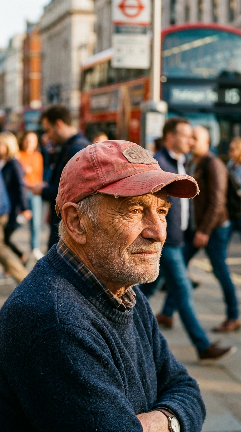 Ultra-documentary street photography, warm daylight, intimate observational framing, visible film grain, shallow depth of field, 85mm lens look. Close-up of an elderly man wearing a faded red cap, deep facial lines lit by soft sun, street movement dissolving into background blur.