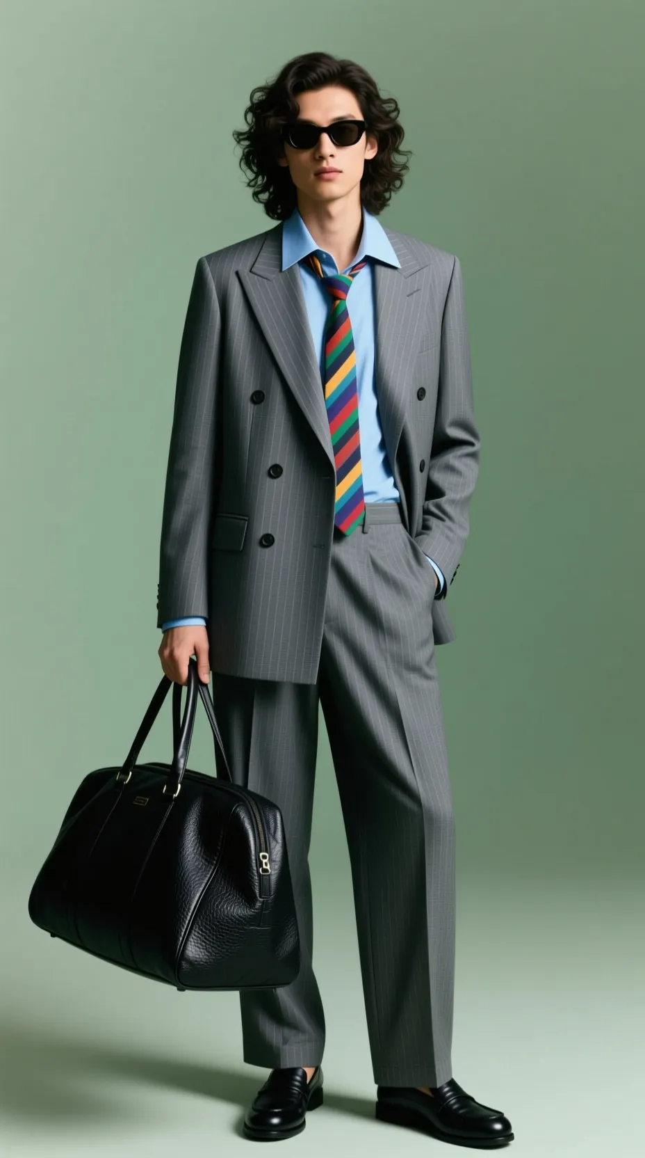 a stylish person posing confidently against a muted green studio backdrop. They are dressed in a sharp, tailored gray pinstripe suit with a double-breasted blazer and matching wide-leg trousers. Underneath, they wear a light blue dress shirt with the collar slightly open and a colorful striped tie worn loosely for a relaxed, modern look.

The person accessorizes with dark sunglasses, black leather loafers, and a large textured black leather duffel bag held in one hand. Their wavy, shoulder-length dark hair and neutral expression add to the composed, fashion-forward aesthetic. The lighting is soft and even, emphasizing the outfit’s structure and texture, giving the overall scene a refined, editorial feel that blends classic menswear-inspired tailoring with contemporary minimalism.