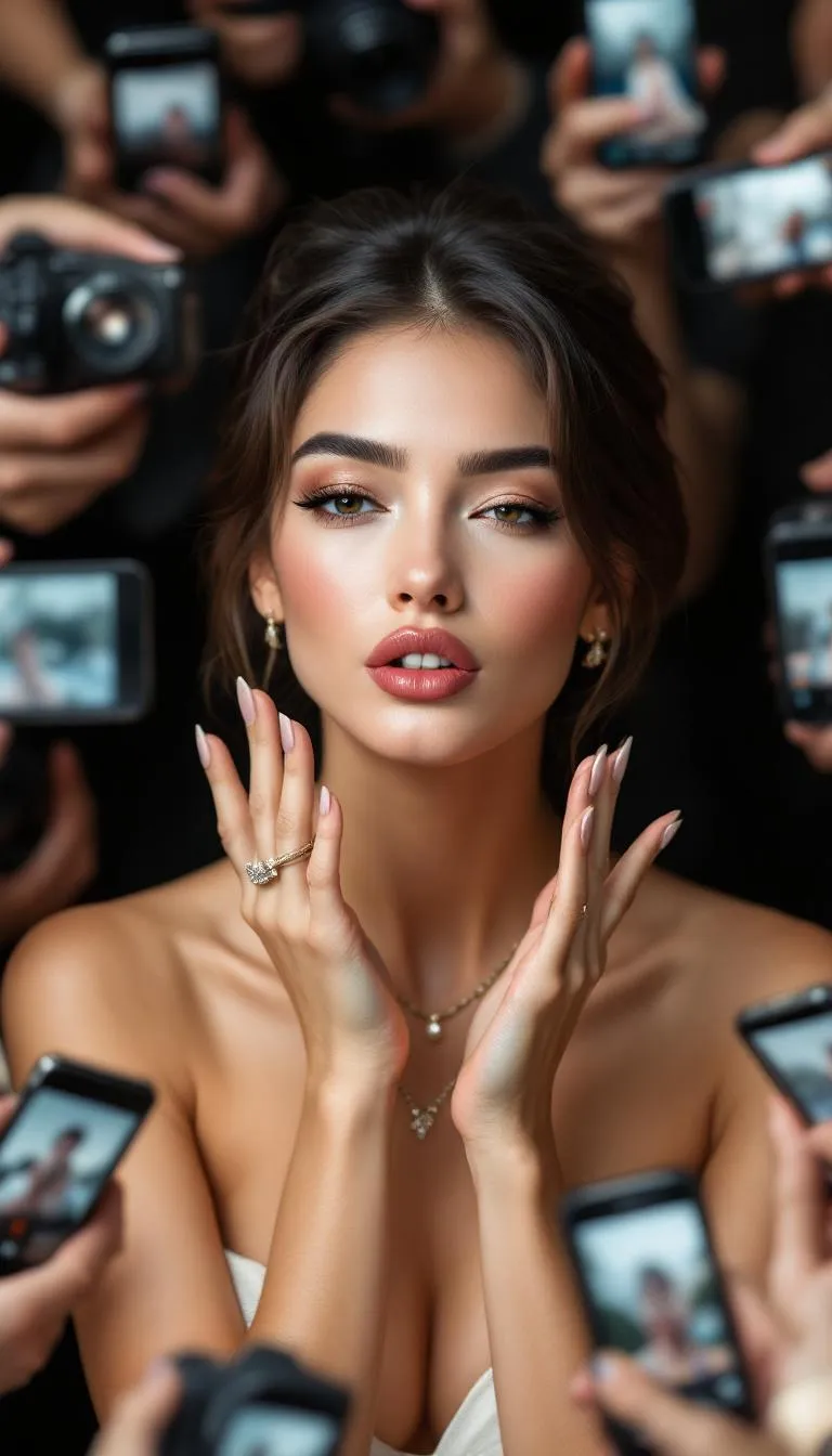 a realistic Vogue magazine cover–style fashion portrait using the uploaded face as the original face reference (100% face identity preservation).
A young elegant woman posing confidently, maintaining her original facial features and natural beauty. She is winking with her left eye and making a playful duck-face expression. Both hands are raised, forming a love/heart gesture near her face.
She is surrounded by multiple DSLR cameras and smartphones held around her, as if paparazzi and photographers are capturing her from all directions. Some phones show her live image on their screens.
Appearance & styling: flawless glowing skin, natural makeup with glossy pink lips, soft blush, subtle highlights. Light brown hair styled in a low, neat updo with a few loose strands.
Outfit & accessories: elegant minimalist beige-white strapless evening dress, Louis Vuitton necklace, diamond ring, luxury fashion jewelry.
Photography style: close-up to half-body fashion portrait, Vogue editorial aesthetic, cinematic professional studio lighting, soft HDR background, shallow depth of field, realistic skin texture, ultra-detailed, 8K quality.
Camera & lens look: professional DSLR look, 85mm lens feel, f/1.8 aperture, crisp focus with smooth background bokeh.
Composition: Vogue magazine layout with large bold logo at the top, editorial fashion cover framing, clean and elegant design.
Mood & vibe: playful yet luxurious, high-fashion beauty editorial, realistic, not AI-looking, photographed by a professional fashion photographer.