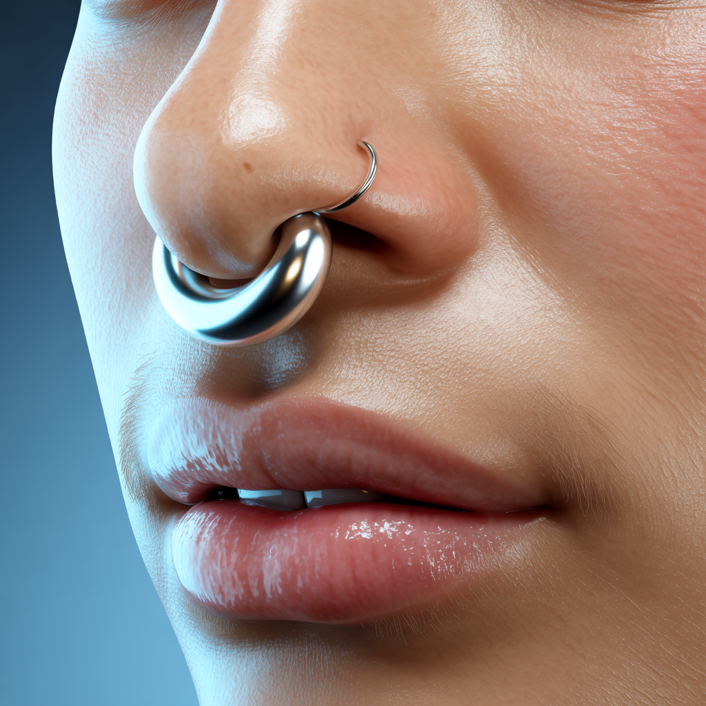 a close-up, highly detailed shot of a human face focusing on the nose and lips. The skin has a smooth, almost hyper-realistic texture with a glossy sheen. A metallic silver nose ring is piercing through the septum, catching the light and reflecting a sparkle. The lips appear full and slightly parted, with a glossy, hydrated appearance. The background is a gradient of blue, giving the image a clean and minimalistic contrast to the subject’s skin tone and metallic jewelry.

It has a very polished, almost 3D-rendered look, blending photorealism with digital artistry.