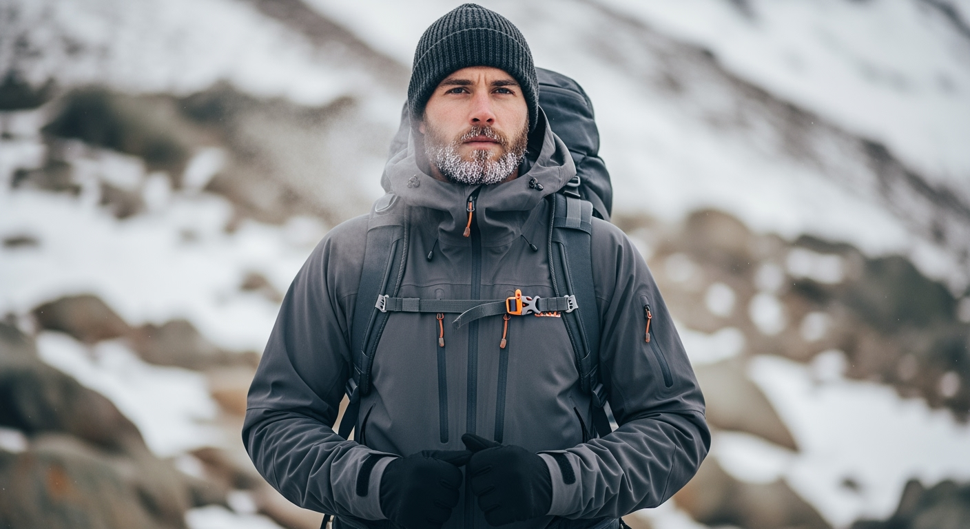 a man outdoors in a cold, mountainous environment, dressed in technical winter gear. He is wearing a dark gray waterproof jacket with taped seams, multiple zippers, and orange accent details, giving it a sleek, high-performance look. A dark knit beanie covers his head, and he has a neatly groomed beard. The jacket includes reinforced sleeves and pockets, and he is carrying a backpack with visible shoulder straps, suggesting he’s prepared for outdoor activity such as hiking or mountaineering.
The background features blurred rocky terrain with patches of snow, emphasizing the cold and rugged setting. The lighting is soft and natural, highlighting the texture of his clothing and the moisture on its surface. The overall atmosphere conveys resilience, focus, and adventure in a harsh winter landscape.