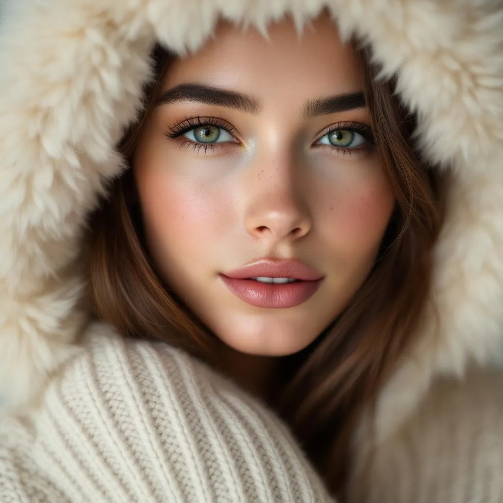 A soft, intimate close-up portrait of a young woman wearing a plush white faux-fur winter hood and a thick cream-colored knit sweater. Her face fills the frame, captured at a slight angle as she gazes gently toward the camera with calm, expressive eyes. Her skin appears natural and luminous, with minimal makeup, subtle freckles, and softly defined lips in a muted rose tone. The lighting is diffused and warm, creating smooth highlights and gentle shadows that enhance skin texture and facial contours. The background is neutral and softly blurred, keeping full focus on the subject. The overall mood is cozy, elegant, and serene, evoking winter warmth, comfort, and understated beauty—ideal for fashion, skincare, or seasonal lifestyle branding.