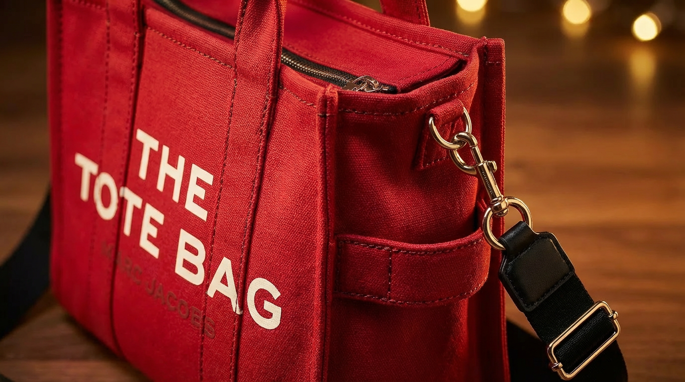 A highly detailed, cinematic close-up macro photograph of [insert product name here, e.g., a red canvas tote bag], angled slightly from the side to focus on the textured red fabric, stitched details, and attached black adjustable strap with metal hardware. Dramatic warm side lighting casting golden highlights on the metal elements and soft shadows in the fabric folds for pronounced texture and premium depth. Blurred warm wooden or neutral background with bokeh lights evoking a cozy indoor setting, high contrast, shallow depth of field with razor-sharp focus on zipper and stitching, ultra-high resolution, professional accessory advertisement style similar to luxury bag promotions.