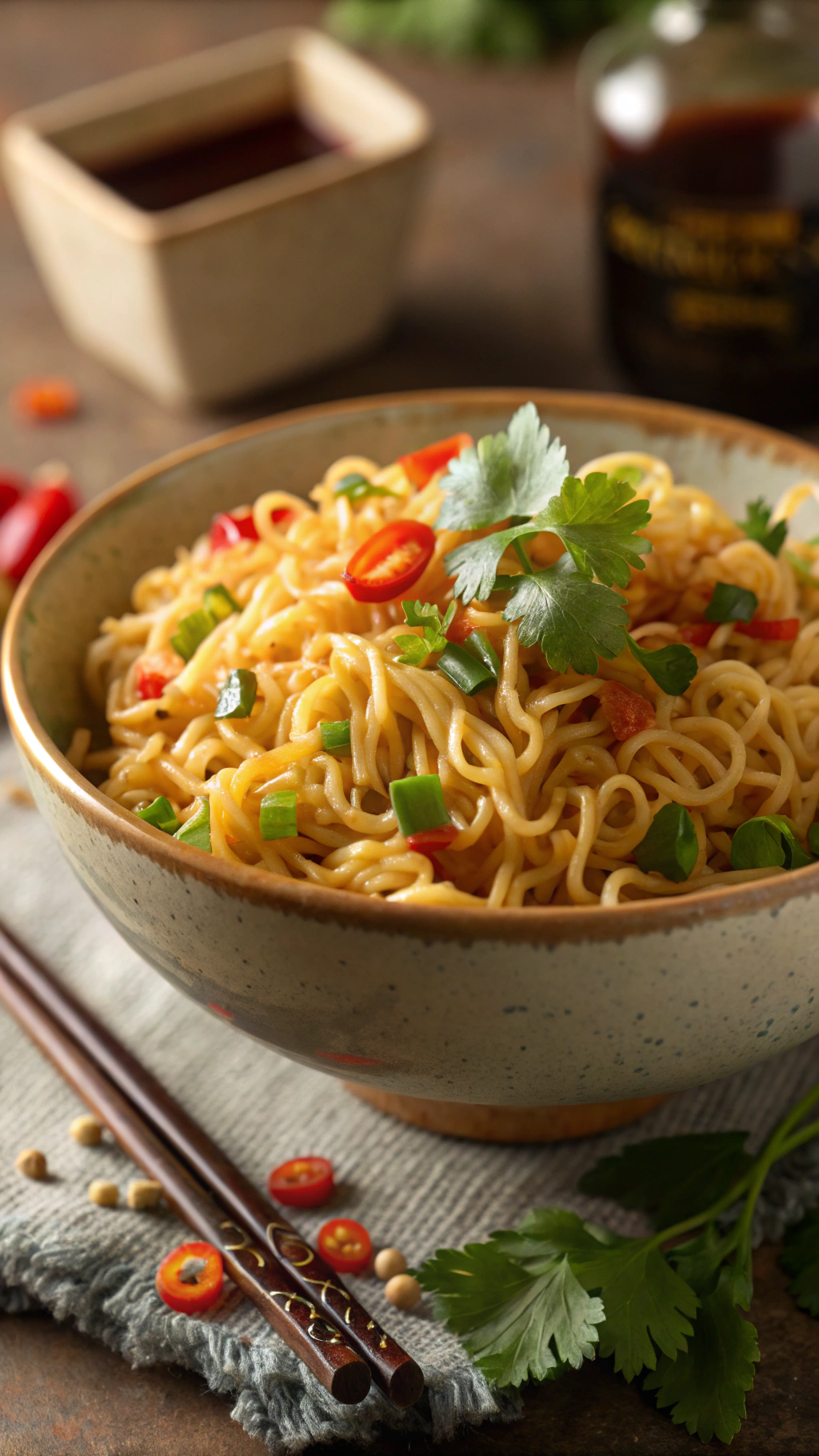 A steaming bowl of freshly prepared Maggi noodles with curly, golden-yellow strands glistening under warm ambient light. The noodles are lightly coated in a glossy, savory sauce with hints of spice, their texture appearing soft yet springy. Small bits of finely chopped vegetables — green chilies, onions, and tomatoes — add pops of color and freshness throughout. The dish is garnished with freshly chopped coriander leaves, a drizzle of soy sauce, and a few drops of chili oil for visual contrast.
The bowl, rustic and ceramic with earthy tones, rests on a neatly folded beige linen napkin placed over a weathered wooden table, enhancing the homely, organic atmosphere. Wisps of steam rise gracefully from the noodles, subtly twisting upward into the air, suggesting heat and freshness. Around the bowl, scattered sprigs of herbs, a few slices of crusty bread, and a wooden spoon add authenticity and warmth.
Soft, diffused lighting from the side casts gentle highlights on the noodles and delicate shadows on the table, evoking the golden glow of late afternoon. The overall mood is cozy, inviting, and nostalgic — a comforting homemade meal captured in perfect detail, ideal for illustrating home-cooked comfort food, Indian-style quick meals, or cozy kitchen moments.