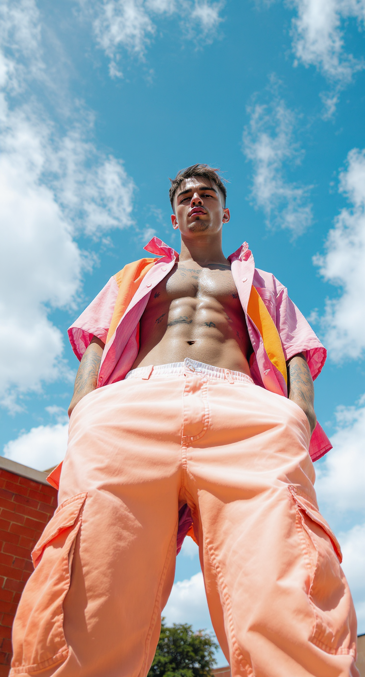 Dynamic low-angle fashion portrait of a confident young man standing outdoors under a bright blue sky with scattered clouds. He wears pastel peach cargo pants paired with an open short-sleeve shirt in shades of pink and orange, revealing his toned torso and tattoos. The upward perspective emphasizes power and presence, while the vibrant colors contrast dramatically with the sky, creating a bold, modern editorial look. Perfect for streetwear campaigns, youth fashion branding, and contemporary lifestyle imagery.