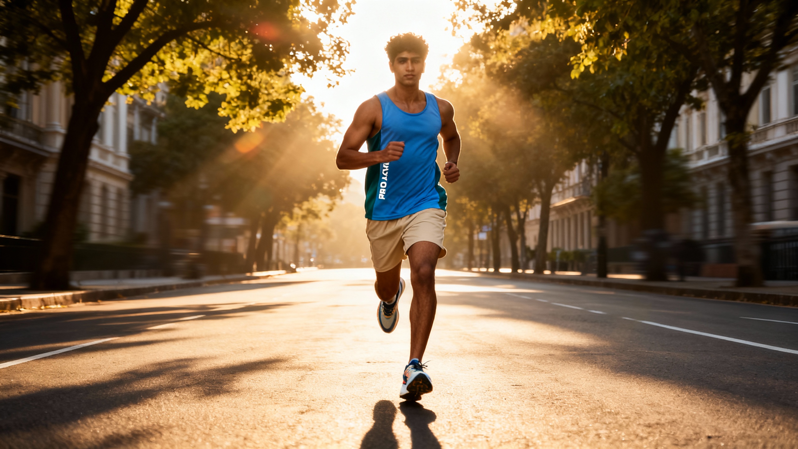Use the images as a reference and make a fit, athletic adult 26 year old Indian male athlete looking man wearing the tank t-shirt running alone down a quiet city street during early morning golden hour. He is wearing a sleeveless blue athletic top, beige running shorts, and modern running shoes. The runner is centered in the frame, captured mid-stride with a focused, determined expression. Warm sunlight filters through leafy trees lining the street, creating soft lens flare and long shadows on the pavement. Urban buildings with classic architecture appear slightly blurred in the background, suggesting motion and depth. The scene feels energetic, healthy, and motivational. Shot at eye level with a shallow depth of field, natural light, realistic color grading, high-resolution, commercial fitness photography style.