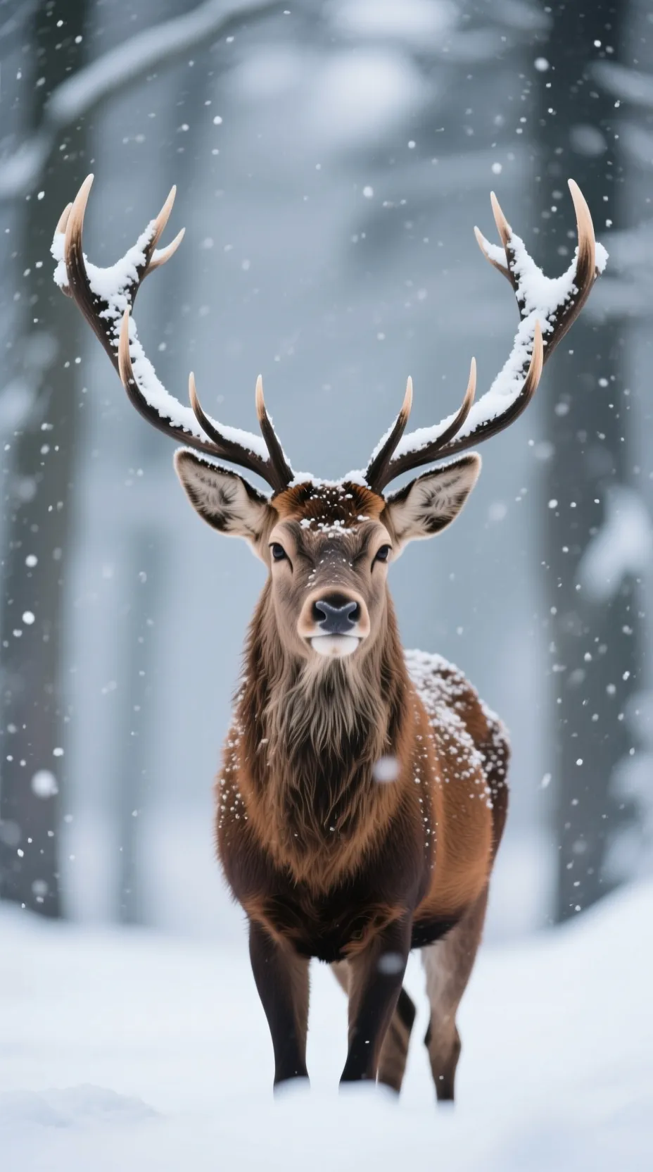 A close-up wildlife portrait of a majestic stag standing still in a snowy forest during active snowfall. The deer faces the camera directly, with large symmetrical antlers coated in fresh snow, creating a striking and powerful composition. Its fur is a rich warm brown, lightly dusted with snowflakes, contrasting against the soft white foreground and cool gray-blue background. The background features blurred winter trees with shallow depth of field, producing a dreamy, atmospheric bokeh effect. Lighting is soft and diffused, typical of overcast winter conditions, emphasizing fine details in the fur, antlers, and snow texture. The mood is calm, serene, and slightly dramatic, evoking wilderness, nature, and seasonal beauty. Shot at eye level with a centered composition, high realism, no text, ideal for commercial wildlife, winter, or holiday-themed stock imagery.