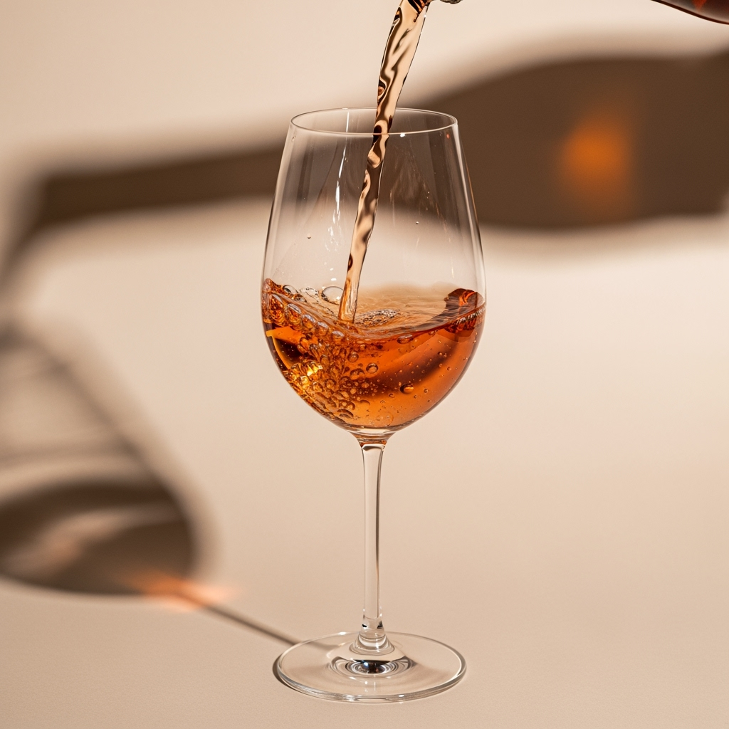 A minimal and elegant product photo of rosé wine being poured into a tall wine glass. The golden-pink liquid creates bubbles and reflections as it swirls in the glass. The background is a seamless beige, with soft shadows and refined lighting. Luxury product photography style, sophisticated and minimal aesthetic.