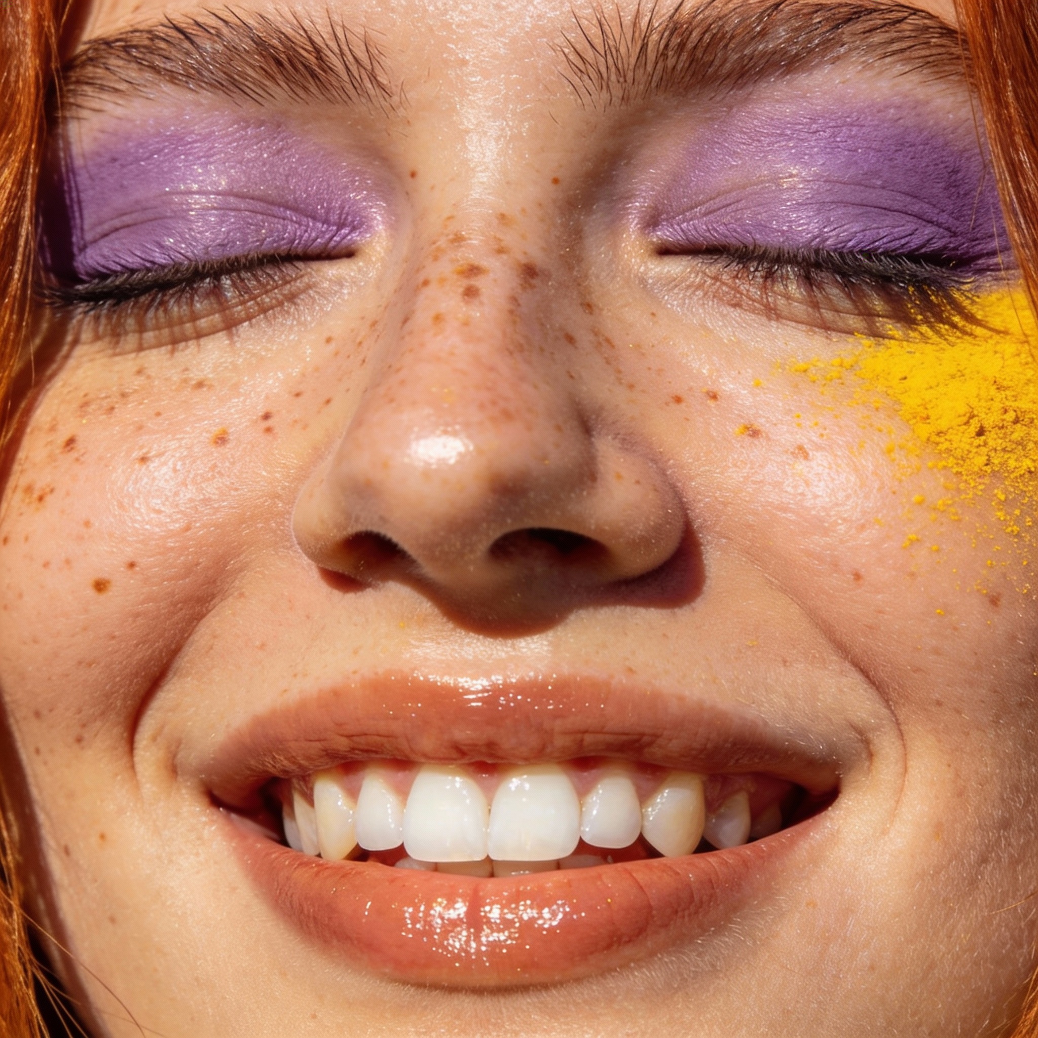 An extreme close-up beauty portrait of a smiling woman’s face captured in bright natural sunlight. Her eyes are gently closed, showcasing soft matte lavender eyeshadow blended smoothly across the eyelids and into the crease, with clean edges and subtle texture visible on the skin. Fine freckles scatter naturally across her cheeks and nose, highlighted by the warm light. A dusting of vibrant yellow pigment appears organically on the outer cheekbone area, adding an artistic, editorial accent that contrasts with the purple eye makeup. Her skin has a healthy, luminous sheen with visible pores and realistic texture, emphasizing authenticity rather than retouching. Her lips are glossy and natural-toned, slightly parted to reveal straight white teeth in a relaxed, joyful smile. Auburn hair frames the edge of the composition, softly out of focus. The background is minimal and unobtrusive, allowing full attention on color, skin detail, and expression. Shot with a macro or portrait lens, shallow depth of field, high-resolution beauty photography, modern editorial style, no text, no logos, no branding.