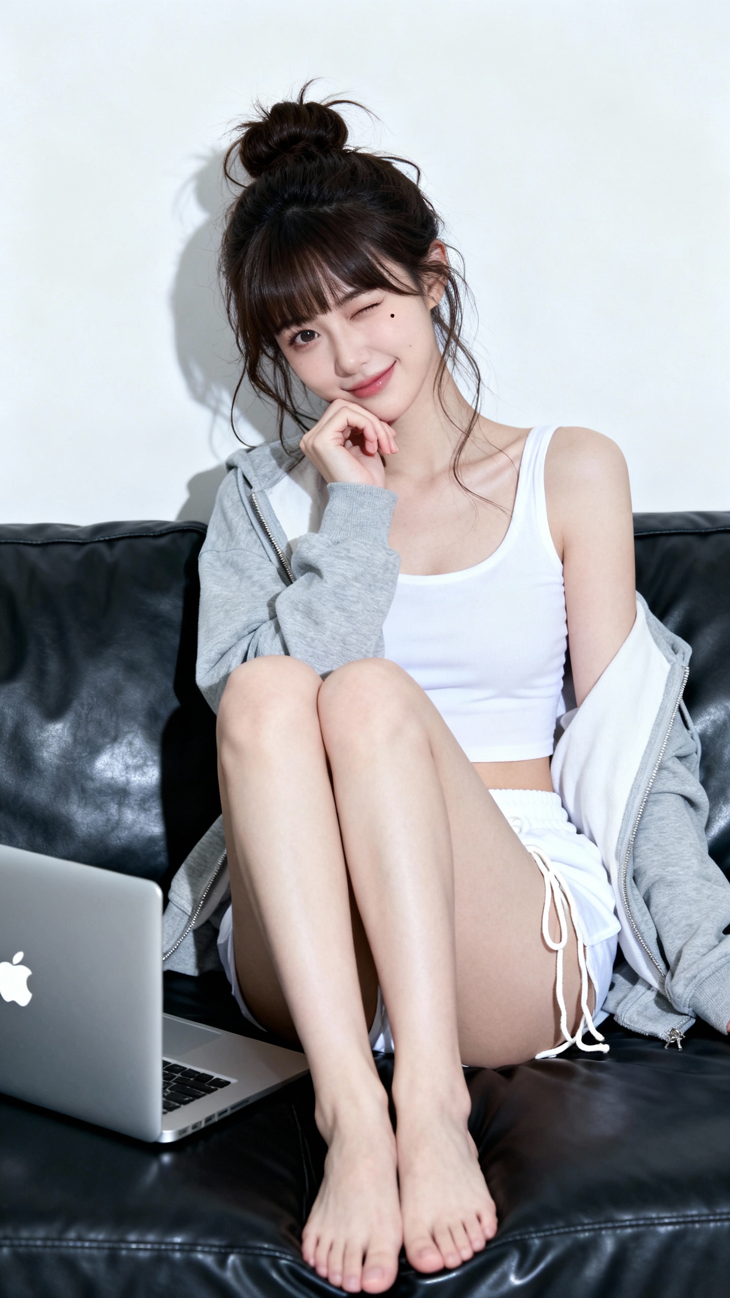 {
  "style": "High-key studio portrait, direct flash aesthetic, East Asian social media style (e.g., Ulzzang, Douyin), stylized beauty retouching.",
  "output": {
    "color_profile": "sRGB",
    "render_intent": "photo"
  },
  "subject": {
    "category": "human",
    "gender_presentation": "female",
    "ethnicity": "East Asian (e.g., Korean, Chinese)",
    "age_bracket": "young_adult",
    "body": {
      "build": "slim",
      "proportions": "natural human anatomy",
      "posture": "relaxed on sofa, seated casually",
      "pose": "seated, legs crossed and tucked close to body",
      "gesture": "Right hand raised, fingers loosely curled, back of fingers/knuckles gently supporting the chin and lower cheek.",
      "head_tilt_deg": 5
    },
    "face": {
      "expression": "Playful, alluring",
      "gaze": "right eye direct to camera",
      "eye_action": "winking with the left eye",
      "skin_tone": "Very pale porcelain (lightened aesthetic)",
      "makeup": "Stylized K-Beauty/Douyin look: flawless matte base, strong pink blush high on cheeks, pink gradient lips, defined brows, light eyeliner, emphasized Aegyo-sal",
      "features": "small beauty mark/mole under the left eye"
    },
    "hair": {
      "length": "long",
      "style": "messy high updo/bun with loose strands and curtain bangs",
      "color": "dark brown"
    },
    "wardrobe": {
      "top": "white fitted cropped camisole",
      "outerwear": "light gray zip hoodie, worn open and slightly slipping off both shoulders",
      "bottom": "white lounge shorts with drawstring",
      "footwear": "barefoot"
    }
  },
  "environment": {
    "location": "studio or minimalist interior",
    "set": "black leather sofa against a plain white or light gray wall",
    "props": "Silver laptop (Apple MacBook, logo visible) placed on the cushion to the subject's right (camera left)"
  },
  "lighting": {
    "key": {
      "source": "strobe/flash",
      "modifier": "Bare reflector or direct flash (hard source)",
      "position": "Near camera axis, slightly camera-right and above eye line",
      "effect": "Crisp, dark, well-defined cast shadows on the wall directly behind subject; strong specular highlights on skin and sofa leather."
    },
    "fill": {
      "type": "minimal/none"
    },
    "ambient": "suppressed",
    "white_balance_K": 5800
  },
  "camera": {
    "system": "Digital Camera",
    "sensor": "full-frame equivalent",
    "lens": {
      "type": "prime",
      "focal_length_mm": 50
    },
    "exposure": {
      "iso": 100,
      "aperture_f": 4.0,
      "metering": "Bright exposure, high-key aesthetic"
    },
    "focus": {
      "target": "near eye (right eye)",
      "depth_of_field": "moderate"
    },
    "framing": {
      "orientation": "vertical",
      "crop": "mid-thigh to head with room above hair",
      "angle": "eye-level",
      "composition": "subject centrally framed"
    }
  },
  "color_grade": {
    "look": "Bright, clean, slightly cool tone",
    "contrast": "High contrast",
    "saturation": "moderate, emphasized pinks"
  },
  "postprocess": {
    "noise_reduction": "high",
    "texture": "Highly smoothed skin, poreless appearance ('porcelain doll' or 'beauty filter' effect)",
    "sharpen": "selective on eyes/lashes",
    "blemish_control": "Complete removal of all blemishes and texture."
  },
  "quality_targets": [
    "accurate limb lengths and joint angles",
    "correct finger count and articulation",
    "realistic fabric tension and folds",
    "accurate winking expression"
  ],
  "negative_prompt": [
    "no altered or exaggerated body proportions",
    "no extra or fused fingers",
    "no realistic skin texture, pores, or blemishes",
    "no text or watermarks (excluding specified logos)",
    "no extreme wide-angle distortion",
    "no NSFW content",
    "no dark/moody lighting",
    "no warm tones"
  ]
}