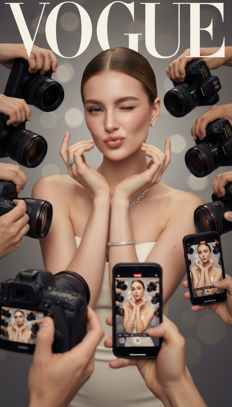 a realistic Vogue magazine cover–style fashion portrait using the uploaded face as the original face reference (100% face identity preservation).
A young elegant woman posing confidently, maintaining her original facial features and natural beauty. She is winking with her left eye and making a playful duck-face expression. Both hands are raised, forming a love/heart gesture near her face.
She is surrounded by multiple DSLR cameras and smartphones held around her, as if paparazzi and photographers are capturing her from all directions. Some phones show her live image on their screens.
Appearance & styling: flawless glowing skin, natural makeup with glossy pink lips, soft blush, subtle highlights. Light brown hair styled in a low, neat updo with a few loose strands.
Outfit & accessories: elegant minimalist beige-white strapless evening dress, Louis Vuitton necklace, diamond ring, luxury fashion jewelry.
Photography style: close-up to half-body fashion portrait, Vogue editorial aesthetic, cinematic professional studio lighting, soft HDR background, shallow depth of field, realistic skin texture, ultra-detailed, 8K quality.
Camera & lens look: professional DSLR look, 85mm lens feel, f/1.8 aperture, crisp focus with smooth background bokeh.
Composition: Vogue magazine layout with large bold logo at the top, editorial fashion cover framing, clean and elegant design.
Mood & vibe: playful yet luxurious, high-fashion beauty editorial, realistic, not AI-looking, photographed by a professional fashion photographer.
