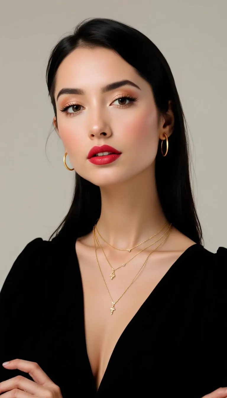 a woman posing against a plain light background, styled in an elegant and minimal fashion. She is wearing a black, deep V-neck top with slightly puffed shoulders, giving her outfit a sophisticated silhouette. Her dark, straight hair is parted in the middle and tucked neatly behind her ears, complementing her polished appearance.
The main focus is on her accessories with layered gold necklaces featuring small pendants and hoops earrings that match in tone. Her makeup is natural and refined, emphasising a smooth complexion, neutral lips, and well-groomed brows. The lighting is soft and even, highlighting her features with a gentle glow. The overall mood is poised, confident, and modern — fitting for a beauty, fashion, or jewellery editorial portrait.