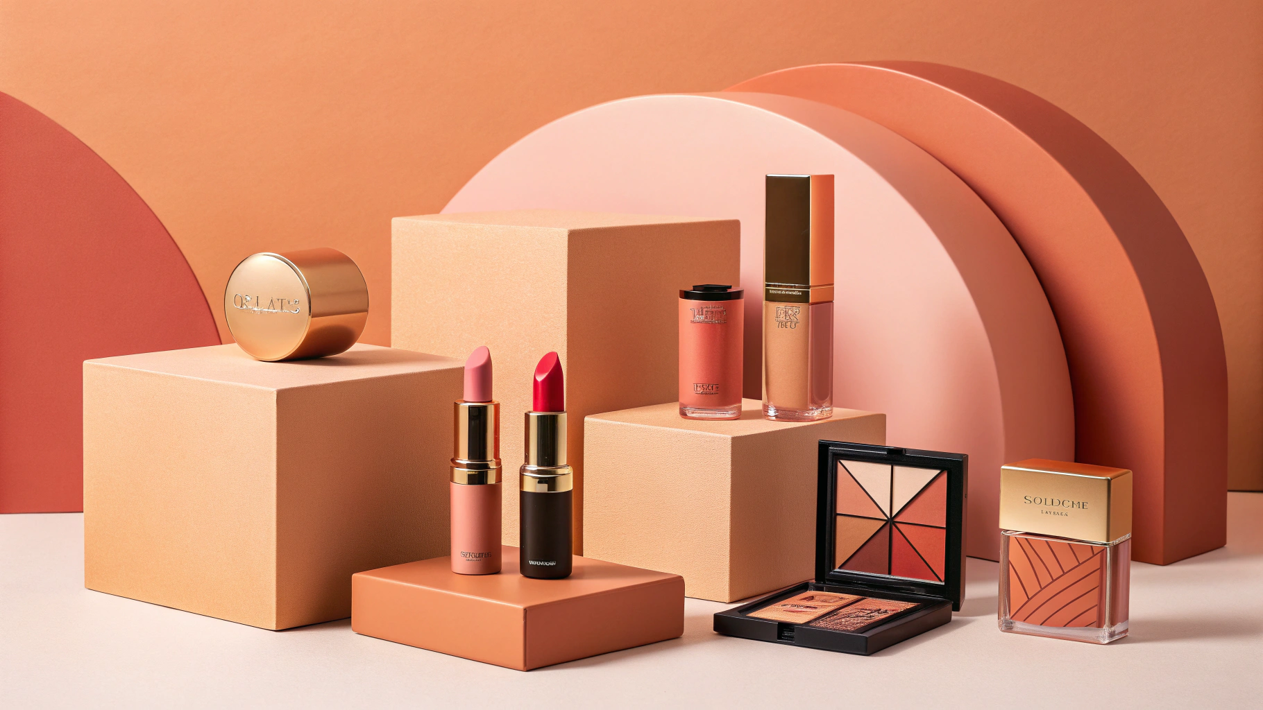 a visually striking arrangement of luxury makeup products with brand name Kylie Cosmetics displayed against a warm, monochromatic background in shades of peach, coral, and rose gold. The setup includes lipsticks, foundation or serum bottles, a compact blush, and cream containers — all housed in sleek black and metallic coral packaging.
The products are artfully placed among geometric blocks and curved shapes in matching tones, creating a modern, sculptural composition. Soft, diffused lighting enhances the smooth textures and rich colors, producing a polished, high-end aesthetic. The overall mood is elegant and contemporary, evoking themes of beauty, sophistication, and design harmony