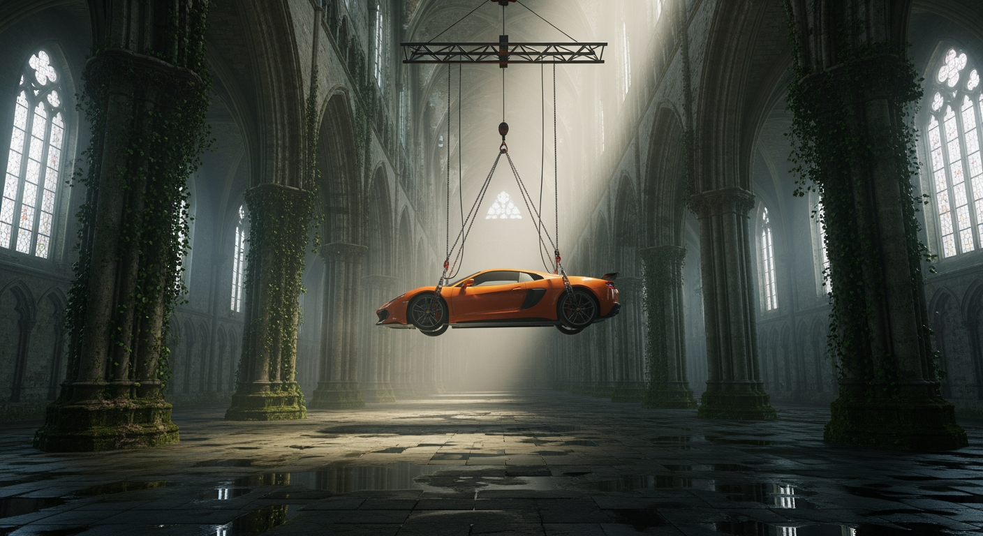 A surreal cinematic scene set inside a vast, abandoned gothic cathedral with towering stone arches, cracked walls, and tall stained-glass windows diffusing cold, misty daylight. Suspended in mid-air at the center of the nave is a bright orange sports car, lifted by heavy chains and a metal hoist frame attached to the vaulted ceiling. The car hangs perfectly horizontal, emphasizing tension and impossibility. Moss, vines, and creeping vegetation reclaim the ancient stone interior, while puddles on the cracked stone floor reflect the cathedral’s architecture and the floating vehicle above. The contrast between the modern, glossy supercar and the decaying medieval environment creates a striking visual juxtaposition. Lighting is soft but dramatic, with volumetric light rays cutting through dust and fog, evoking a mood of mystery, surrealism, and post-apocalyptic elegance. Highly detailed, cinematic realism with a dark, contemplative atmosphere.