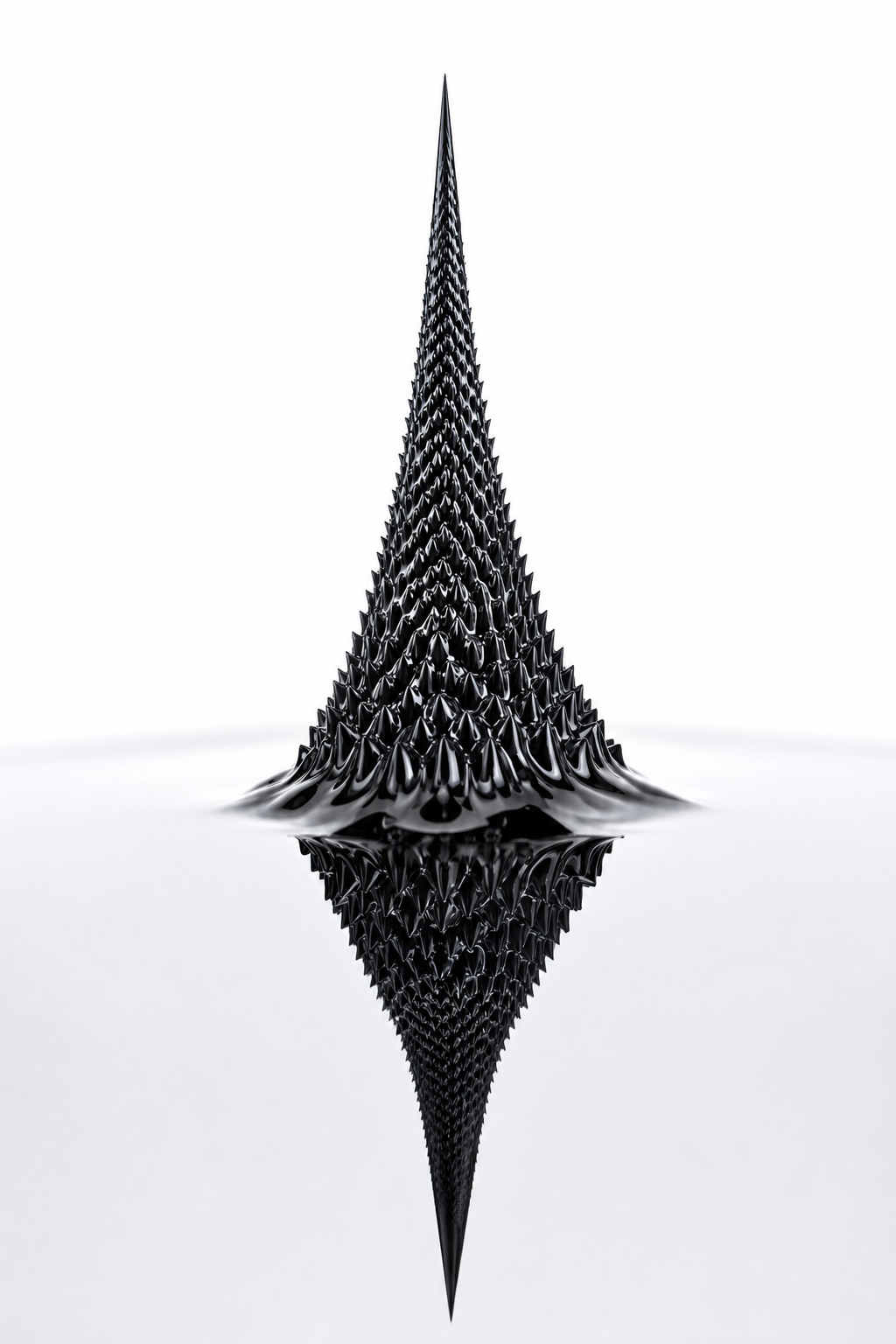 Extreme close-up macro photograph of a ferrofluid spike formation at 4:1 magnification, a single perfect conical spike of magnetically organized black ferrofluid rising from a flat liquid surface, frozen in its impossible form by the magnetic field below. The spike surface is not smooth — at this magnification the ferrofluid reveals a complex texture of secondary micro-spikes and surface ripples running down from the primary spike tip to the base, each tiny structure following the same magnetic field line geometry. The tip of the spike is razor sharp, the finest point physically possible for a liquid surface. The flat ferrofluid surface surrounding the spike base is mirror-perfect, reflecting the spike and the studio light as a perfect inverted image below. Background: pure white seamless. Single overhead softbox. Shot on a 100mm macro lens at f/8, focus-stacked. Color grade: absolute matte black ferrofluid against pure white background, the spike reflection in the flat surface as a perfect symmetrical composition. Mood: physics as sculpture, the invisible force field made tangible.