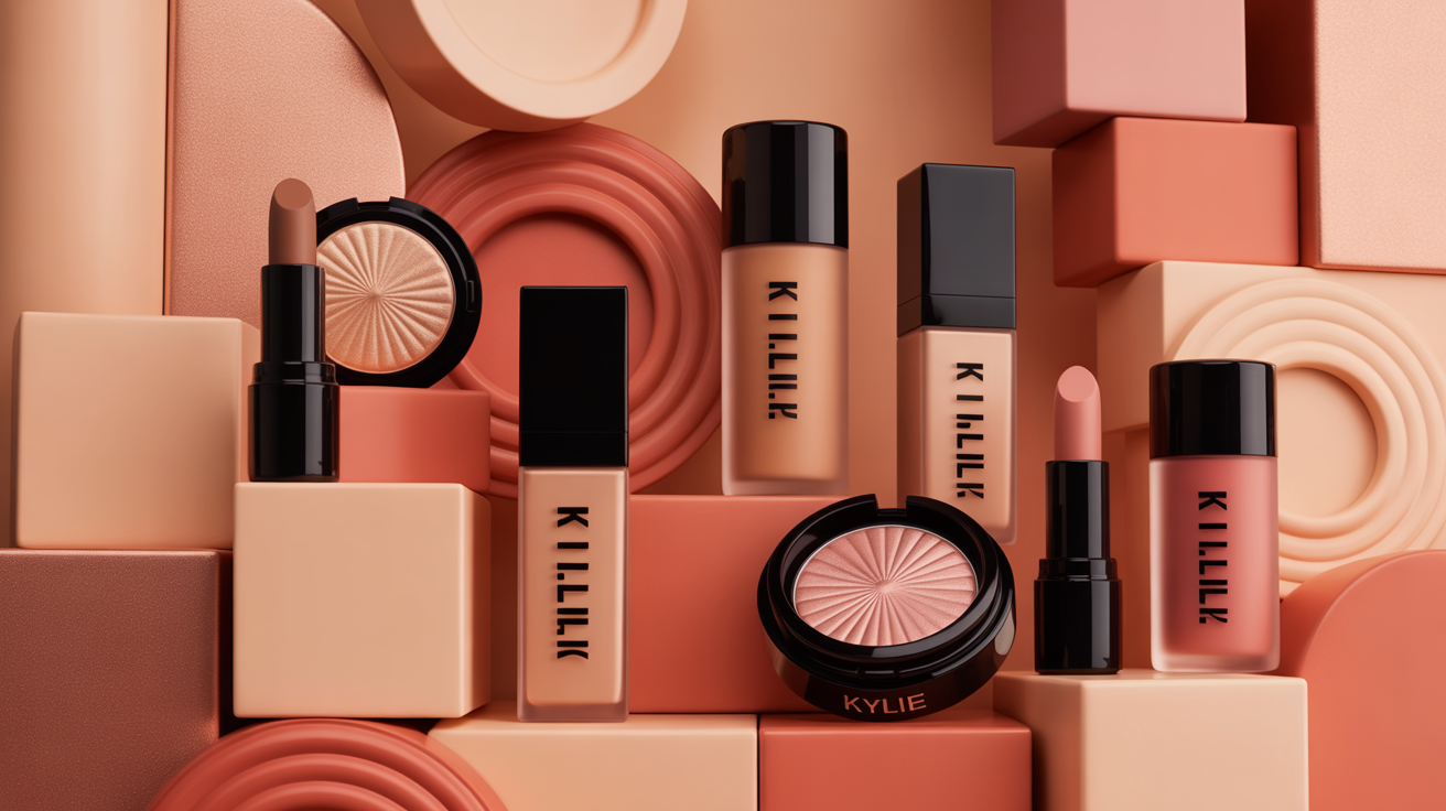 a visually striking arrangement of luxury makeup products with brand name Kylie Cosmetics displayed against a warm, monochromatic background in shades of peach, coral, and rose gold. The setup includes lipsticks, foundation or serum bottles, a compact blush, and cream containers — all housed in sleek black and metallic coral packaging.

The products are artfully placed among geometric blocks and curved shapes in matching tones, creating a modern, sculptural composition. Soft, diffused lighting enhances the smooth textures and rich colors, producing a polished, high-end aesthetic. The overall mood is elegant and contemporary, evoking themes of beauty, sophistication, and design harmony