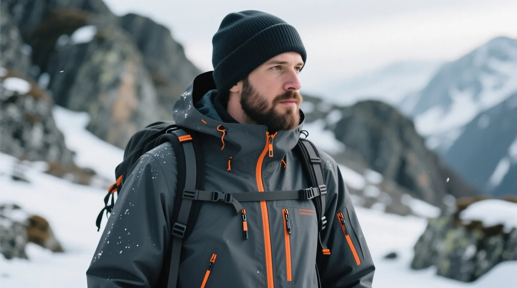a man outdoors in a cold, mountainous environment, dressed in technical winter gear. He is wearing a dark gray waterproof jacket with taped seams, multiple zippers, and orange accent details, giving it a sleek, high-performance look. A dark knit beanie covers his head, and he has a neatly groomed beard. The jacket includes reinforced sleeves and pockets, and he is carrying a backpack with visible shoulder straps, suggesting he’s prepared for outdoor activity such as hiking or mountaineering.

The background features blurred rocky terrain with patches of snow, emphasizing the cold and rugged setting. The lighting is soft and natural, highlighting the texture of his clothing and the moisture on its surface. The overall atmosphere conveys resilience, focus, and adventure in a harsh winter landscape.