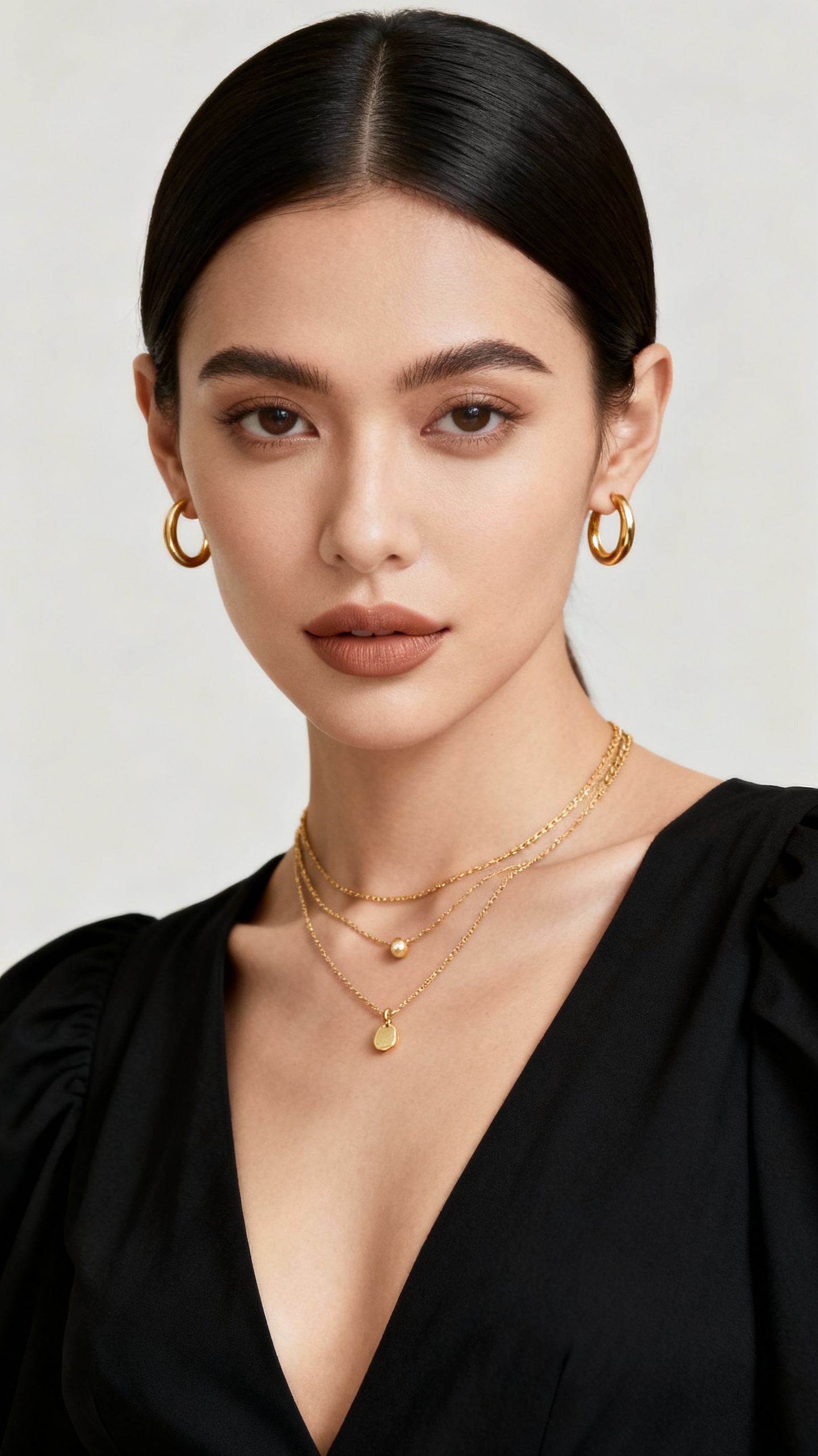 a woman posing against a plain light background, styled in an elegant and minimal fashion. She is wearing a black, deep V-neck top with slightly puffed shoulders, giving her outfit a sophisticated silhouette. Her dark, straight hair is parted in the middle and tucked neatly behind her ears, complementing her polished appearance.

The main focus is on her accessories with layered gold necklaces featuring small pendants and hoops earrings that match in tone. Her makeup is natural and refined, emphasising a smooth complexion, neutral lips, and well-groomed brows. The lighting is soft and even, highlighting her features with a gentle glow. The overall mood is poised, confident, and modern — fitting for a beauty, fashion, or jewellery editorial portrait.