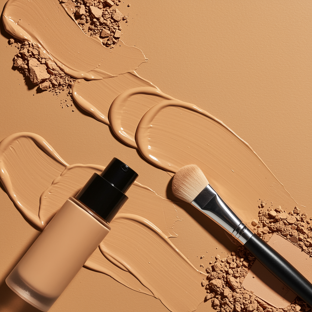 Minimalist flat-lay beauty composition featuring a makeup foundation bottle, a soft blending brush, and textured swatches of foundation and powder in warm beige and caramel tones. The liquid foundation is neatly spread in smooth strokes across the background, while loose powder creates a soft, diffused texture. Shot under bright studio lighting with sharp shadows, highlighting the luxurious textures and colors. Clean, modern aesthetic perfect for cosmetics branding, skincare advertising, or beauty product campaigns.