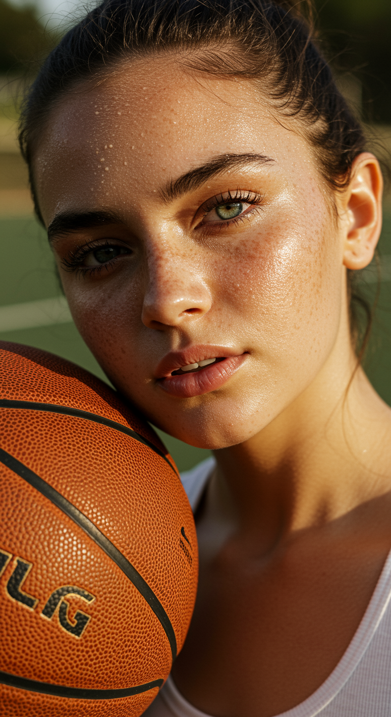 A close-up portrait of a young woman on an outdoor basketball court, bathed in warm natural sunlight. She has dewy, glowing skin with soft freckles, light makeup, and slightly parted lips. Her hair is tied back neatly, with a few loose strands framing her face. A basketball is positioned close to her cheek, dominating part of the foreground and adding texture contrast to her smooth skin. The lighting creates gentle shadows and highlights across her face, emphasizing her natural features and sporty confidence. Shot with a shallow depth of field and cinematic color grading for a modern, lifestyle aesthetic.