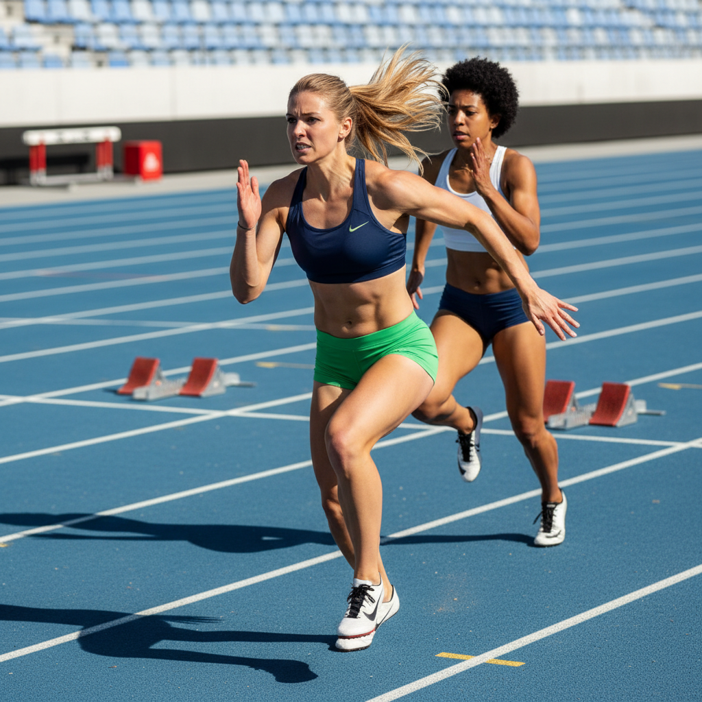 two female athletes sprinting on a blue running track. Both are in mid-stride, showcasing strength and focus.
The athlete in the foreground has blonde hair tied in a ponytail and is wearing a navy blue sports bra with bright green shorts.
The athlete beside her has short curly hair and is dressed in a white sports bra with navy blue shorts.
Both women appear determined, with their arms pumping and bodies leaning forward in motion. The background shows starting blocks and lane markers, emphasizing the competitive, professional track setting. The image captures intensity, athleticism, and speed.