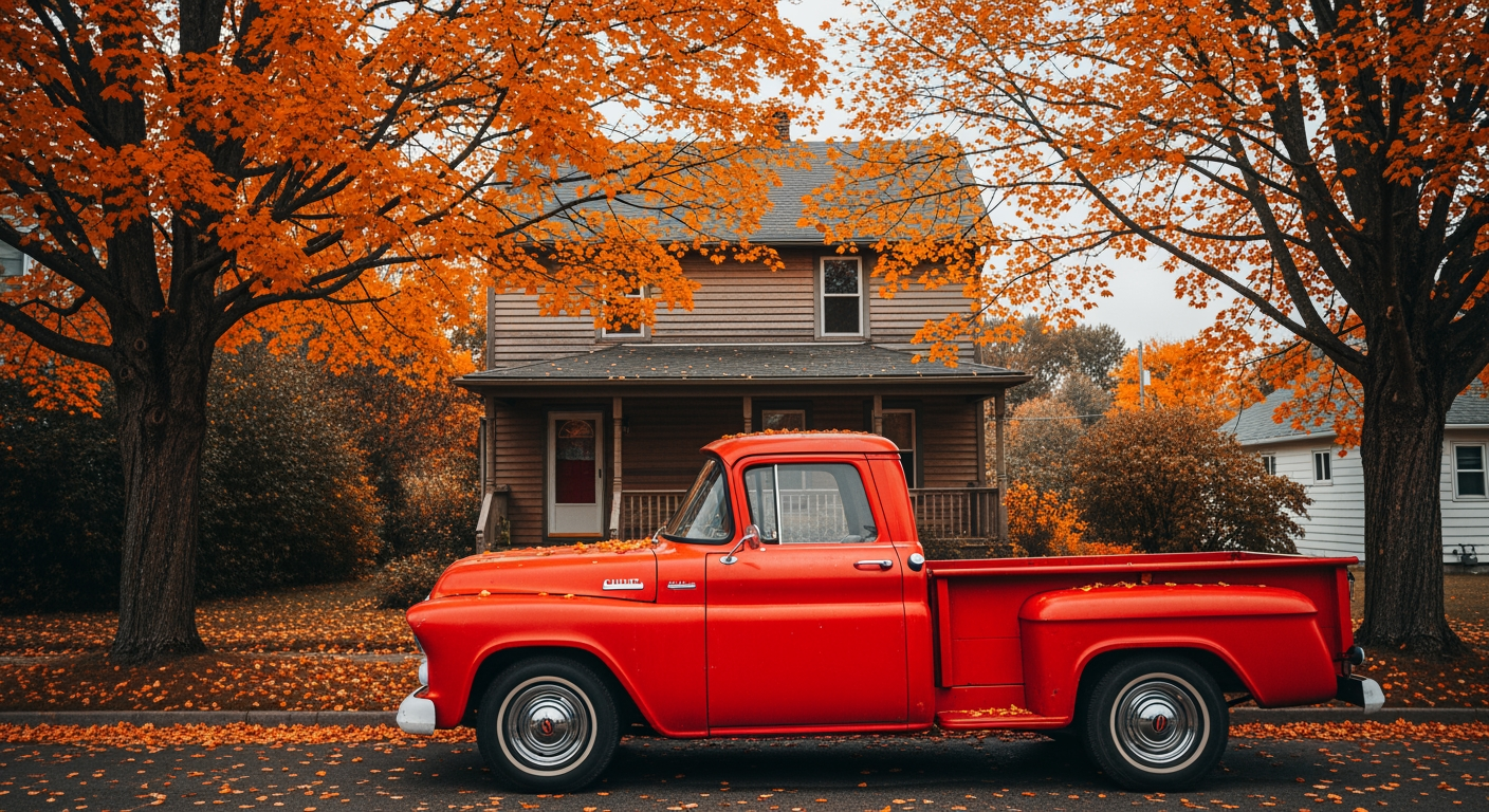 A nostalgic autumn street scene featuring a vintage red pickup truck parked along a quiet residential road. The truck is shown in full side profile, its weathered red paint subtly dulled by age, with chrome details and classic proportions evoking mid-to-late 20th century design. Fallen orange and brown leaves lightly dust the hood and windshield, reinforcing the seasonal atmosphere.
Behind the truck stands a modest two-story wooden house with light-colored siding, a covered porch, and a red front door, partially obscured by lush autumn foliage. Towering deciduous trees with dense canopies of fiery orange and amber leaves dominate the upper frame, arching over the home and street. The background fades into soft grays and muted greens, suggesting an overcast fall day with diffused natural light.
The composition is balanced and cinematic, with the truck anchoring the foreground and the foliage framing the house. The mood is calm, nostalgic, and cozy, evoking small-town life, seasonal transition, and Americana. Color palette centers on warm reds, burnt oranges, and earthy neutrals. High realism, lifestyle documentary photography style, no people, no text, no branding.