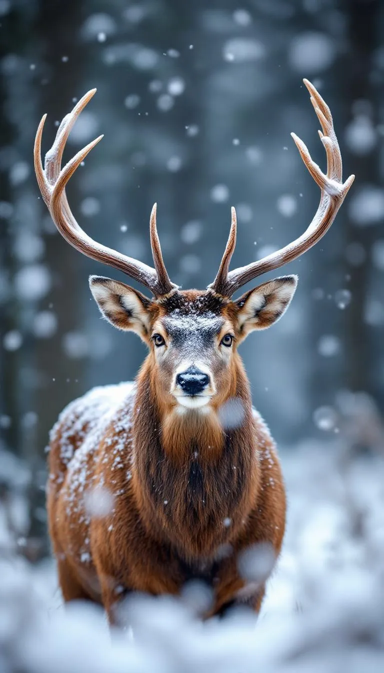 A close-up wildlife portrait of a majestic stag standing still in a snowy forest during active snowfall. The deer faces the camera directly, with large symmetrical antlers coated in fresh snow, creating a striking and powerful composition. Its fur is a rich warm brown, lightly dusted with snowflakes, contrasting against the soft white foreground and cool gray-blue background. The background features blurred winter trees with shallow depth of field, producing a dreamy, atmospheric bokeh effect. Lighting is soft and diffused, typical of overcast winter conditions, emphasizing fine details in the fur, antlers, and snow texture. The mood is calm, serene, and slightly dramatic, evoking wilderness, nature, and seasonal beauty. Shot at eye level with a centered composition, high realism, no text, ideal for commercial wildlife, winter, or holiday-themed stock imagery.