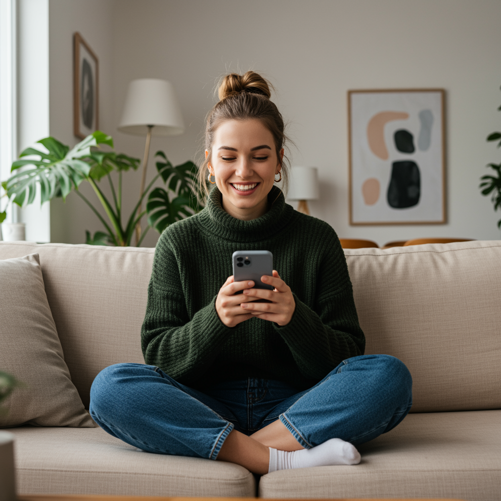 Smiling young woman sitting comfortably on a beige sofa in a modern, bright living room, holding a smartphone in her hands. She is wearing a cozy dark green turtleneck sweater and relaxed-fit jeans, with her hair styled casually in a loose bun. Natural daylight streams through large windows, illuminating the soft, minimalist decor that includes indoor plants and abstract wall art. The mood is warm, cheerful, and relaxed, representing lifestyle themes such as home comfort, technology use, and casual joy."